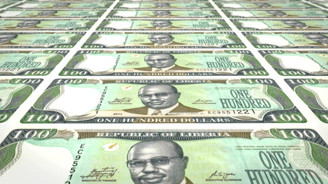 Banknotes-of-one-hundred-dollars-of-the-bank-of-Liberia-rolling-on-screen,-coins-of-the-world,-cash-money,-loop