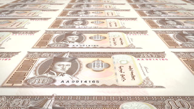 Banknoten-der-fünfzig-mongolischen-Tugrik-der-Mongolei,-Bargeld,-Schleife