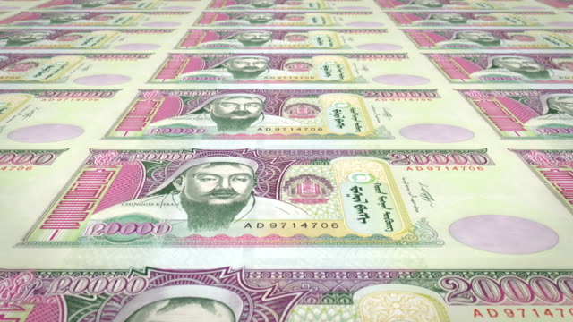 Banknoten-von-zwanzigtausend-mongolischen-Tugrik-der-Mongolei,-Bargeld,-Schleife