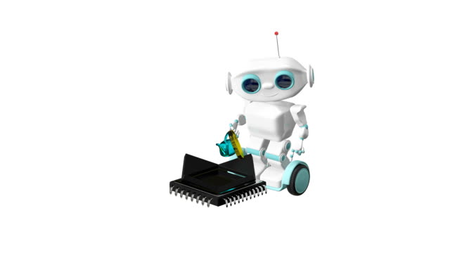 3D-Animation-des-kleinen-Roboters-Bergbau-virtuelles-Geld-mit-Alpha-Kanal