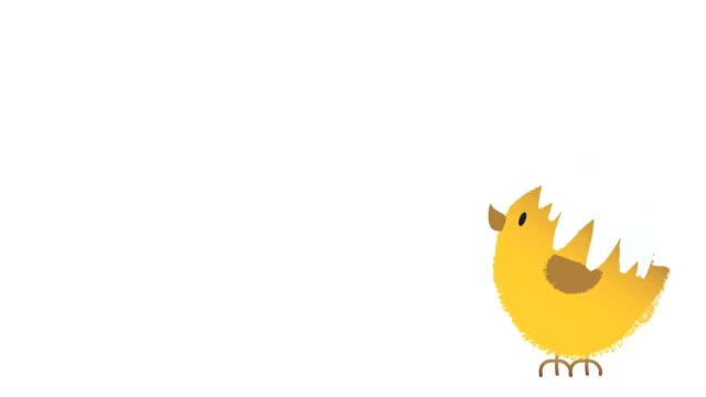 Animation-of-a-jumping-cute-fluffy-easter-chicken-with-cracked-egg-shell-on-its-had,-animated-hand-drawn-cartoon-character