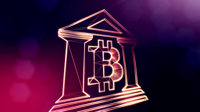 Zeichen-der-Bitcoin-Logo-in-das-Bankgebäude.-Finanzieller-Hintergrund-aus-Glühen-Teilchen-als-Vitrtual-Hologramm.-Glänzende-Schleife-3D-Animation-mit-Tiefe-Feld,-Bokeh-und-Kopie.-Violettem-Hintergrund-1.