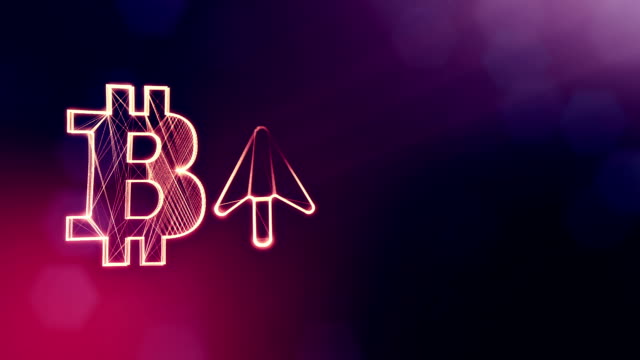 Bitcoin-Symbol-und-die-neuesten-Pfeilsymbol.-Finanzieller-Hintergrund-aus-Glühen-Teilchen-als-Vitrtual-Hologramm.-Glänzende-Schleife-3D-Animation-mit-Tiefe-Feld,-Bokeh-und-Kopie.-Violettem-Hintergrund-1