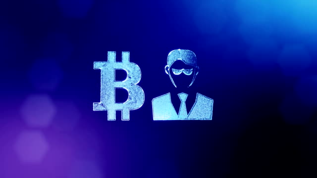 Zeichen-von-Bitcoin-und-Geschäftsmann-oder-Hacker.-Finanzieller-Hintergrund-aus-Glühen-Teilchen-als-Vitrtual-Hologramm.-Glänzende-Schleife-3D-Animation-mit-Tiefe-Feld,-Bokeh-und-Kopie.-Blauer-Hintergrund-1