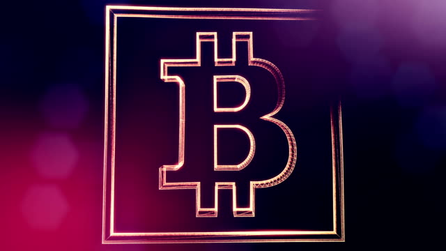 Sign-of-bitcoin-digital-square-icon.-Financial-background-made-of-glow-particles-as-vitrtual-hologram.-Shiny-3D-loop-animation-with-depth-of-field,-bokeh-and-copy-space.Violet-background-1