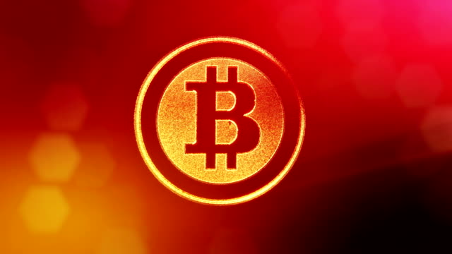 Bitcoin-Logo-im-inneren-Kreise-wie-Münze.-Finanzieller-Hintergrund-aus-Glühen-Teilchen-als-Vitrtual-Hologramm.-Glänzende-Schleife-3D-Animation-mit-Tiefe-Feld,-Bokeh-und-Kopie...-Roten-Hintergrund-v1.