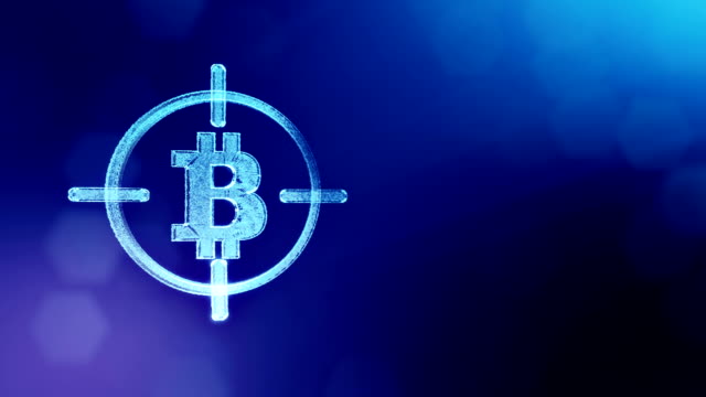 Sign-of-bitcoin-at-gunpoint.-Financial-background-made-of-glow-particles-as-vitrtual-hologram.-Shiny-3D-loop-animation-with-depth-of-field,-bokeh-and-copy-space.-Blue-color-v2