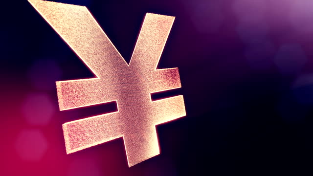 Animationssymbol-oder-Emblem-des-japanischen-Yen-Logo.-Hintergrund-aus-Glühen-Teilchen-als-Vitrtual-Hologramm.-Glänzende-nahtlose-3D-Animation-mit-Tiefe-von-Feld,-Bokeh-und-Kopie-Raum.-Violette-Farbe-V2