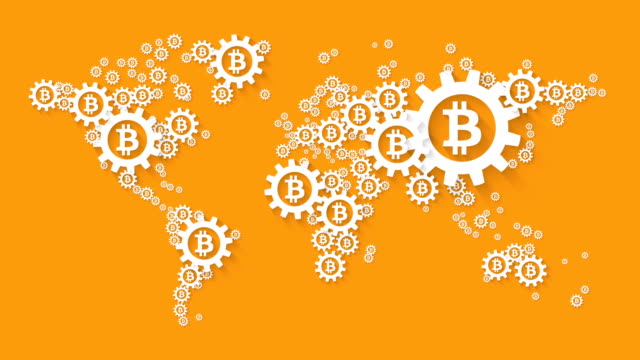 Weltkarte-mit-Bitcoin-global-System-Konzept-auf-orangem-Hintergrund