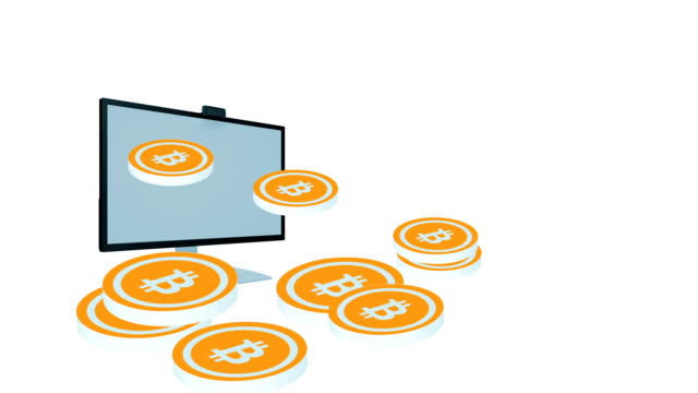 Cryptocurrency-tecnología-y-banca-móvil.-Oro-bitcoins-reubicación-mosca-monitor-portátil-de-estilo-plano-de-dinero-pila