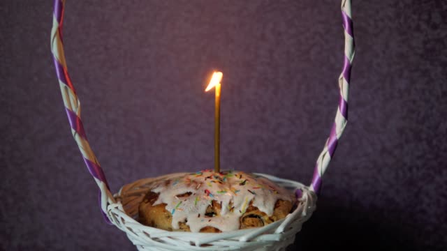 Festive-Easter-Cake-With-Burning-Candle-In-Wicker-Basket