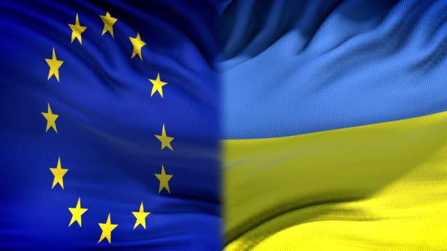 Europäischen-Union-und-der-Ukraine-Fahnen-Hintergrund,-diplomatische-und-wirtschaftliche-Beziehungen
