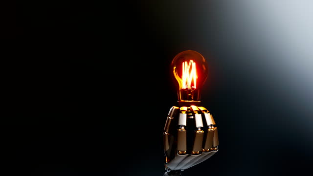 Cyborg-robotic-hand-gives-light-bulb-to-viewer,-symbol-of-creation-idea-by-artificial-intelligence.-Abstract-dark-background,-60-fps-animation