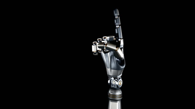 Metal-cyborg-robotic-arm-points-index-finger-into-viewer.-Metal-shines,-black-background,-60-fps-animation.