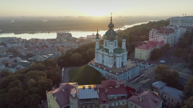 Aerial-view-of-Saint-Andrew's-church-in-Kiev,-Ukraine