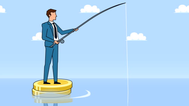 Flat-cartoon-businessman-character-fisher-with-fishing-rod-floating-on-dollar-coins-finance-businesss-concept