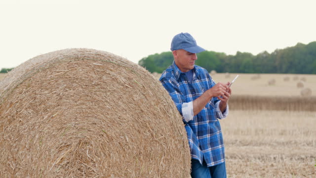 Landwirt-mit-digitalem-Tablet-Computer,-während-er-bei-Heuballen-steht.-Moderne-Landwirtschaft