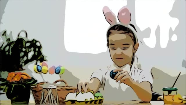 Little-cute-and-adorable-girl-is-smiling-and-playing-with-colorful-chicken's-eggs-in-his-hands.-Concept-Easter-holiday.