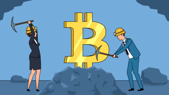 Flache-Cartoon-Geschäftsmann-und-Geschäftsfrau-Bergmann-Charaktere-arbeiten-mit-Pickaxe-Business-Bitcoin-Mining-Konzept-Animation
