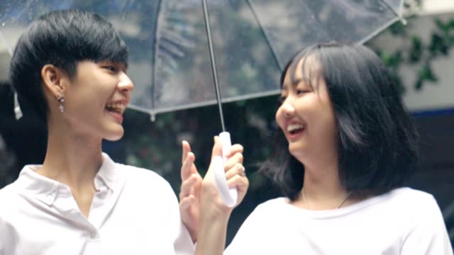 Zeitlupe-Nahaufnahme-von-glücklichen-lesbischen-Paar-zu-Fuß-im-Regen-und-halten-Regenschirm-zusammen