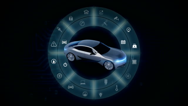 Rotierendes-Elektroauto-mit-verschiedenen-intelligenten-IoT-Symbol,-künstliche-Intelligenz.
