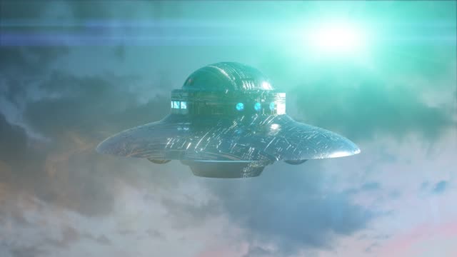 ufo-flying-saucer-on-dark-background.-3d-render