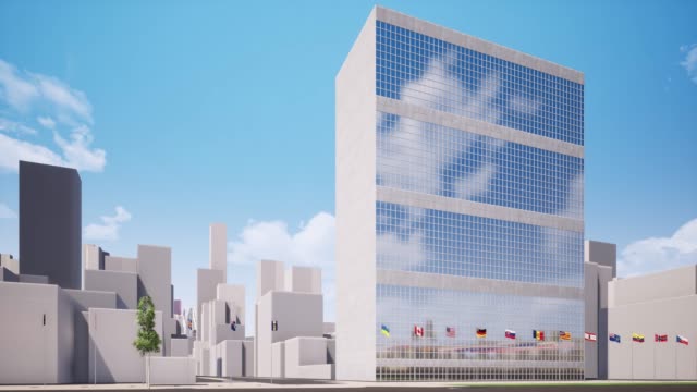 UN-headquarters-in-New-York-seamless-footage.-United-Nations,-international-government-office-looped-animation.-Manhattan-landmark.-General-assembly-building-with-member-countries-flags-video
