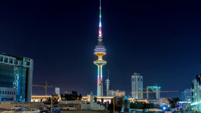 The-Liberation-Tower-timelapse-hyperlapse-in-Kuwait-City-illuminated-at-night.-Kuwait,-Middle-East