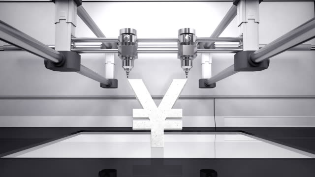 3D-printer-making-Yen-money-grey-currency-sign,-3D-scanner