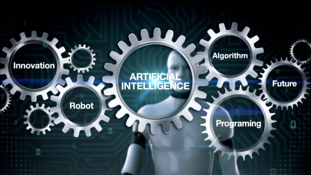 Engranaje-con-futuro,-programación,-algoritmo,-innovación,-Robot-tocando-'Inteligencia-ARTIFICIAL'