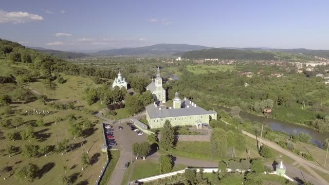 Flying-over-Saint-Nicholas-Monastery,-Mukachevo,-Ukraine