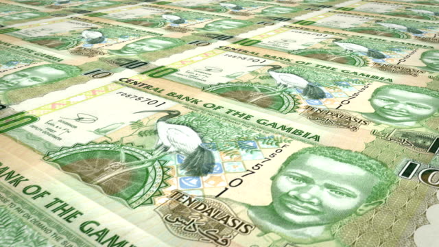 Banknoten-der-zehn-Gambia-Dalasis-von-Gambia-Rollen,-Bargeld,-Schleife