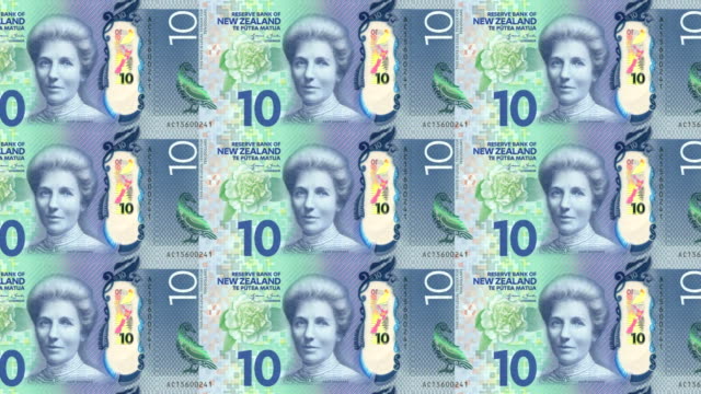 Banknotes-of-ten-dollars-of-New-Zealand-rolling,-cash-money,-loop