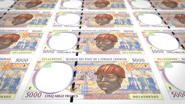Banknotes-of-five-thousand-Central-African-CFA-francs-rolling,-cash-money,-loop