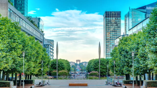 Skyscrapers-of-La-Defense-timelapse---Modern-business-and-residential-area-in-the-near-suburbs-of-Paris,-France
