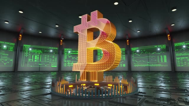 Abstract-animation-of-Bitcoin-icon-in-virtual-cyber-room