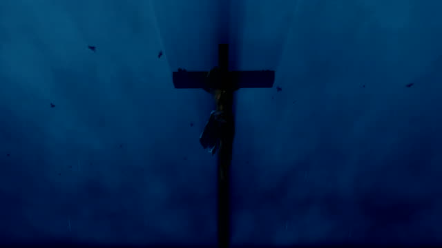 Jesús-cruz-contra-el-cielo-tormentoso-y-relámpagos,-4K