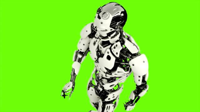 Robot-android-es-Pulsa-el-botón.-Movimiento-lazo-realista-en-pantalla-verde-de-fondo.-4K