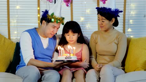 Cute-girl-blows-out-candles-on-birthday-cake-at-party-with-happy-emotion.-People-with-party-and-celebration-concept.-4K-Resolution.