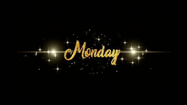 Monday-Beautiful-golden-greeting-Text-Appearance-from-blinking-particles-with-golden-fireworks-background.