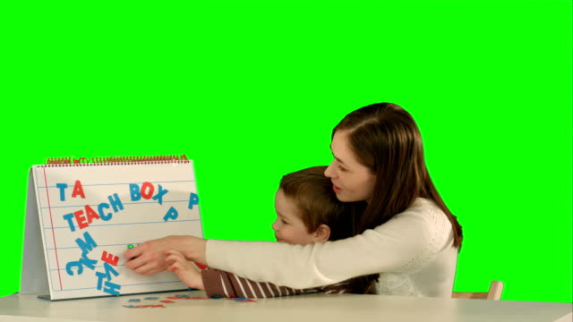 Madre-e-hijo-que-palabra-Mama-en-el-escritorio-en-una-pantalla-verde
