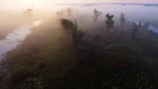 4K-Luftaufnahmen-Video-von-nebligen-Morgen.-Fliegen-über-den-Fluss-Desna.-Sonnenaufgangszeit.-Kyiv-Region,-Ukraine.