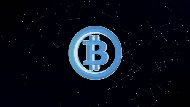 Bitcoin-durch-rotierende-Partikel-gebildet-wird.-Futuristische-Struktur-des-Plexus-Linien-und-Punkte,-dunkelblauen-Hintergrund
