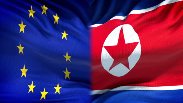 Europäischen-Union-und-Nordkorea-Fahnen-Hintergrund,-Diplomatie,-Wirtschaftsbeziehungen