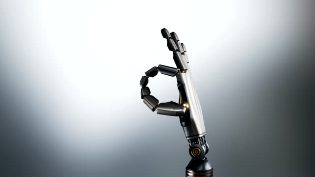 Robotic-palm-shows-Ok-symbol.-Futuristic-cyborg-arm,-metal-shines,-abstract-dark-background,-60-fps-animation,-alpha-matte.