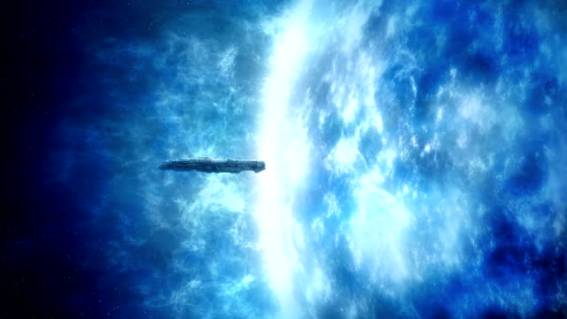 Nave-espacial-cerca-de-exoplaneta-azul-brillante