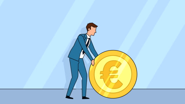 Flache-Zeichentrickfigur-Geschäftsmann-rollen-Euro-Münzgeldkonzept-Animation-mit-Alpha-matt