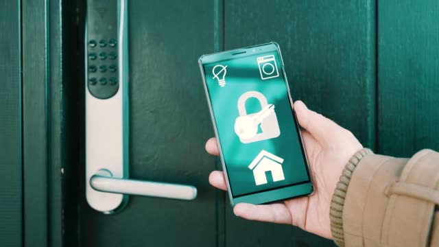 Opening-front-door-lock-with-smart-home-app-on-mobile-phone