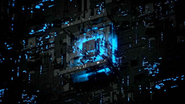 Blue-futuristic-CPU-on-board-seamless-loop-3D-render-animation