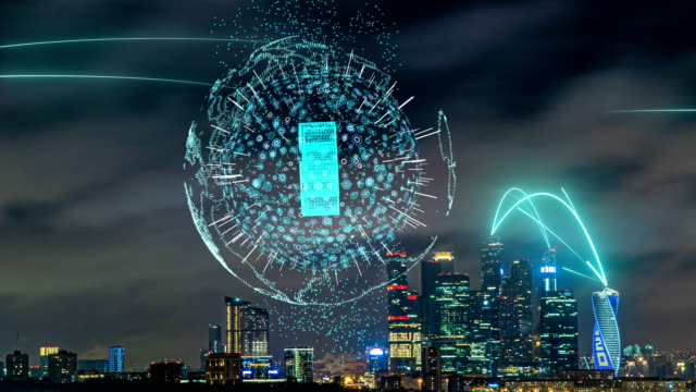 Aerial-city-connected-through-5G.-Wireless-network,-mobile-technology-concept,-data-communication,-cloud-computing,-artificial-intelligence,-internet-of-things.Los-Angeles-skyline.-Futuristic-city.